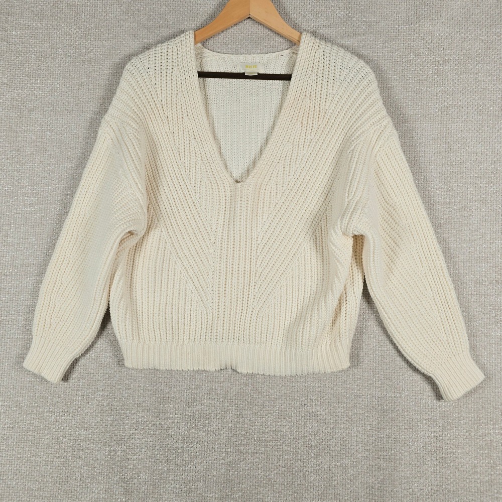 Maeve Anthropologie V Neck Sweater Womens Medium Ivory Chunky Knit Drop Shoulder